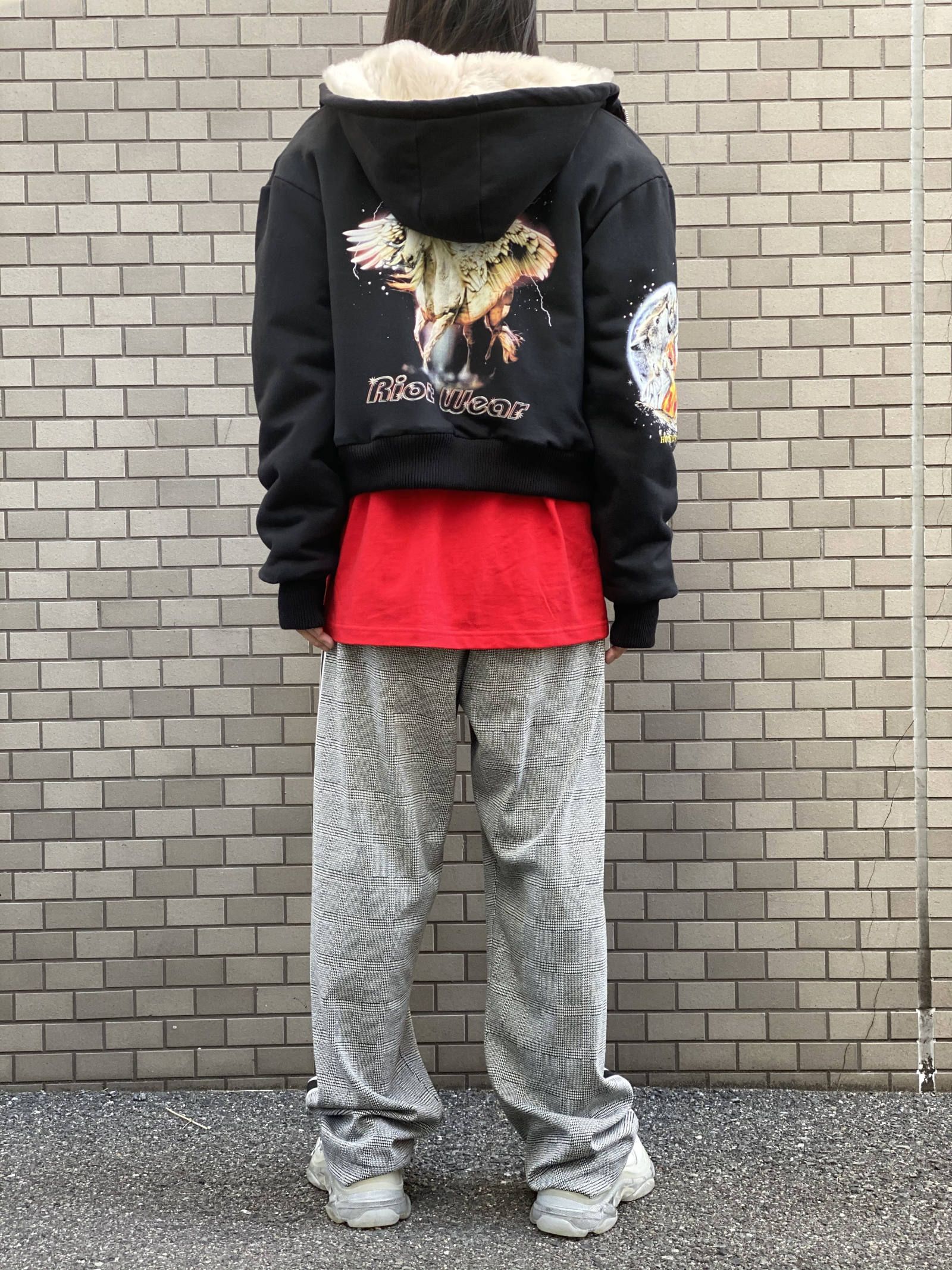 ベロア切替 ファーライナー グラフィックボンバージャケット - FUR LINED BOMBER  - BLACK