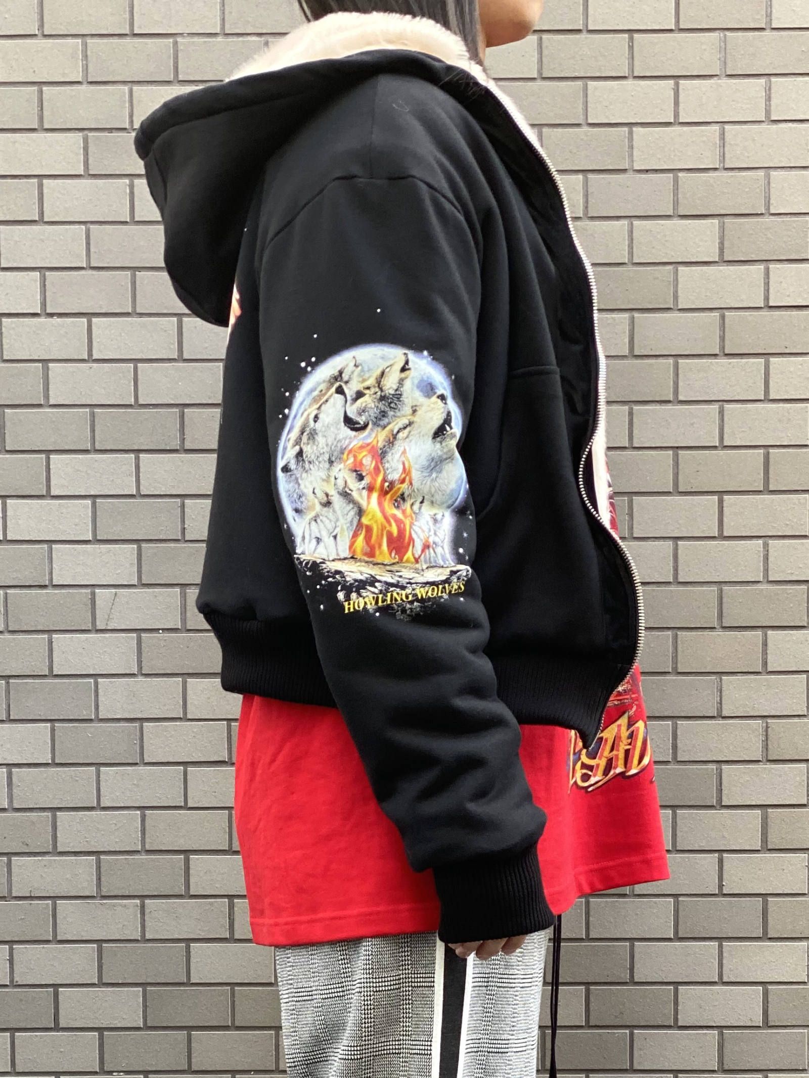 ベロア切替 ファーライナー グラフィックボンバージャケット - FUR LINED BOMBER  - BLACK