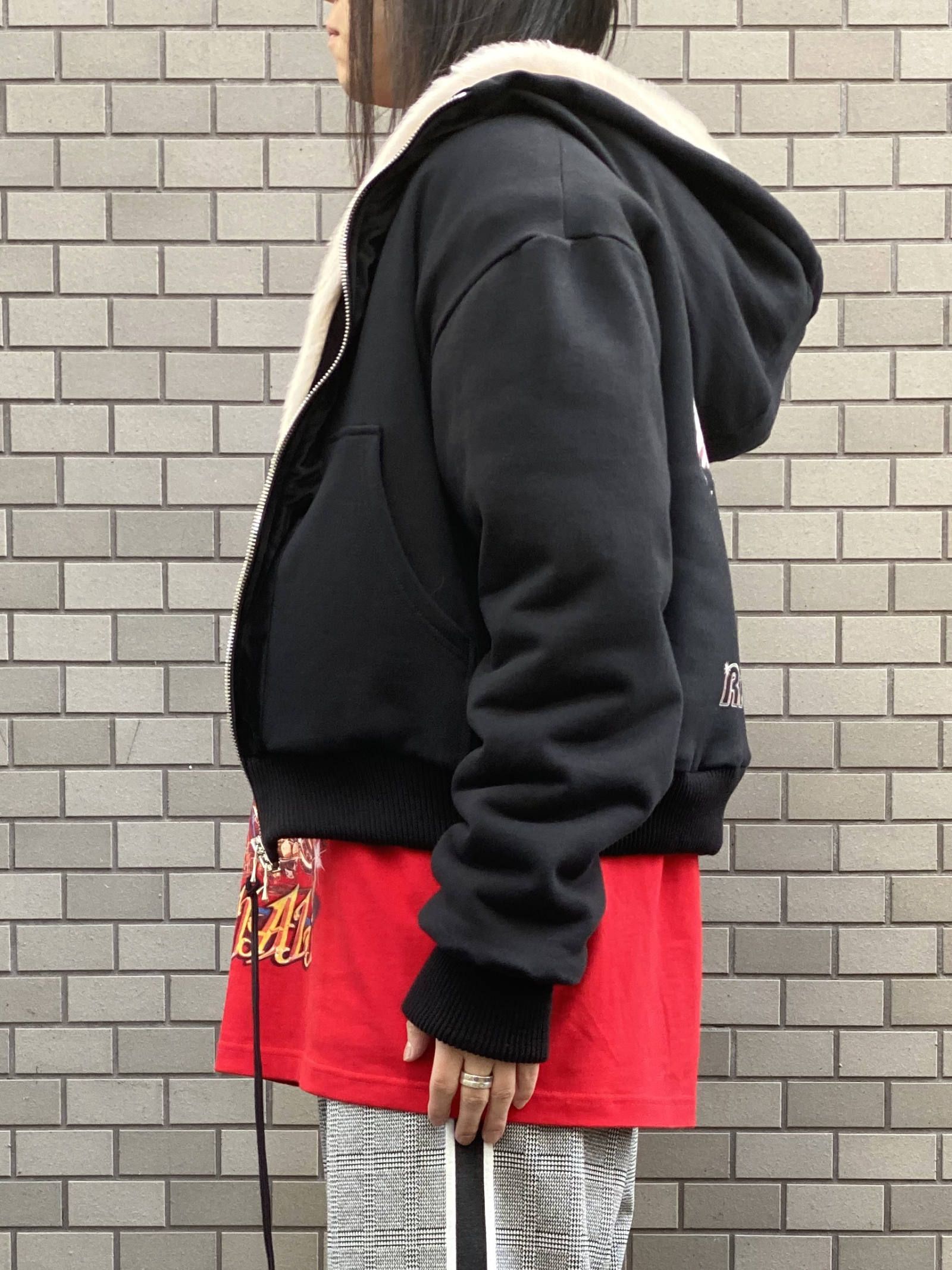 ベロア切替 ファーライナー グラフィックボンバージャケット - FUR LINED BOMBER  - BLACK