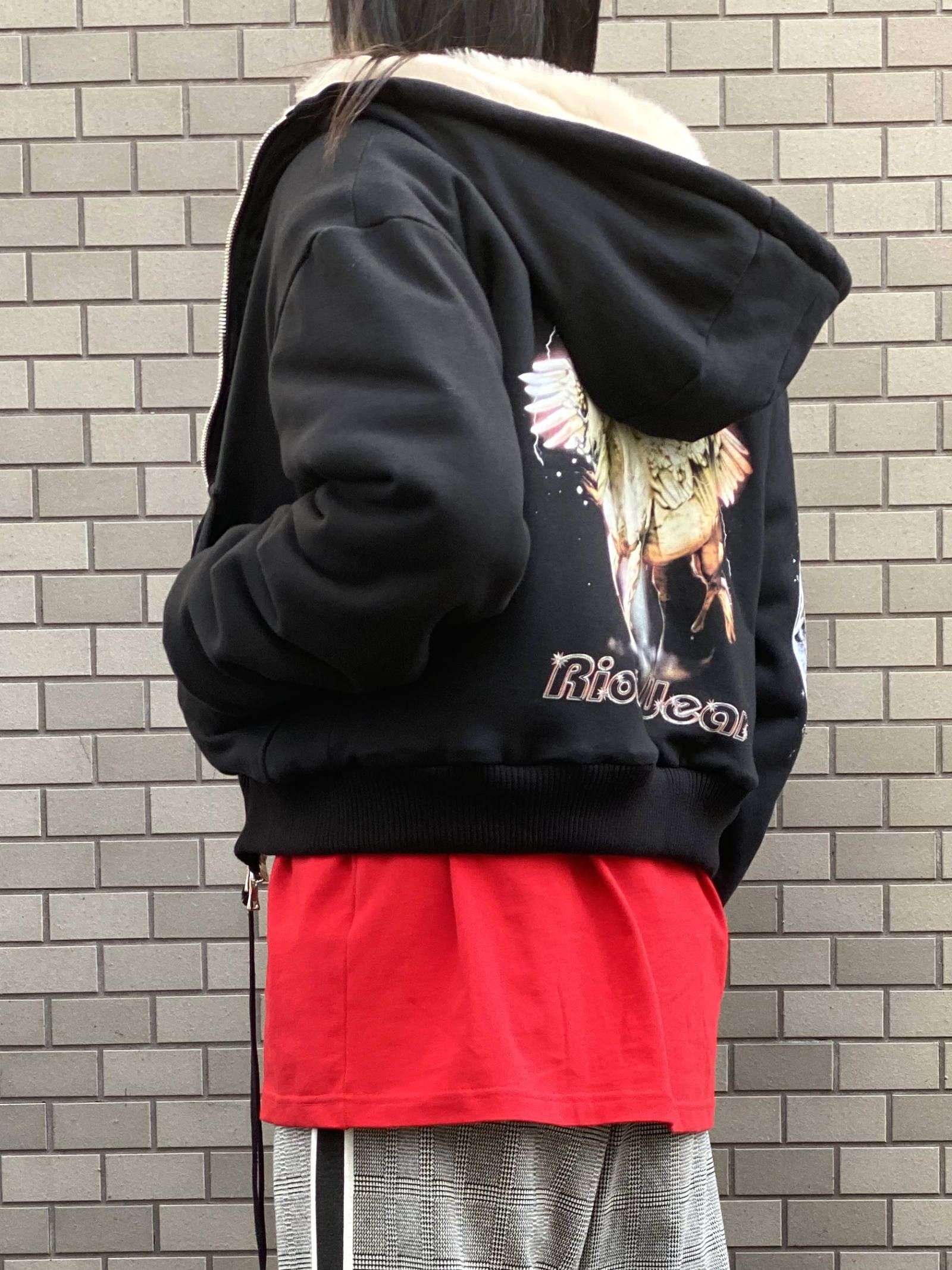 ベロア切替 ファーライナー グラフィックボンバージャケット - FUR LINED BOMBER  - BLACK
