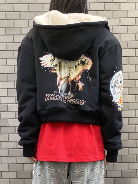 ベロア切替 ファーライナー グラフィックボンバージャケット - FUR LINED BOMBER  - BLACK