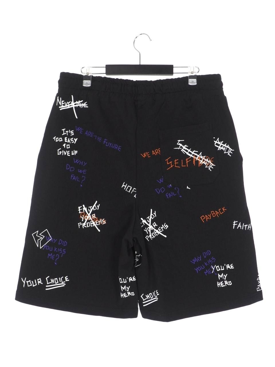 総柄 刺繍プリント ショーツ WRITTINGS SHORT BLACK