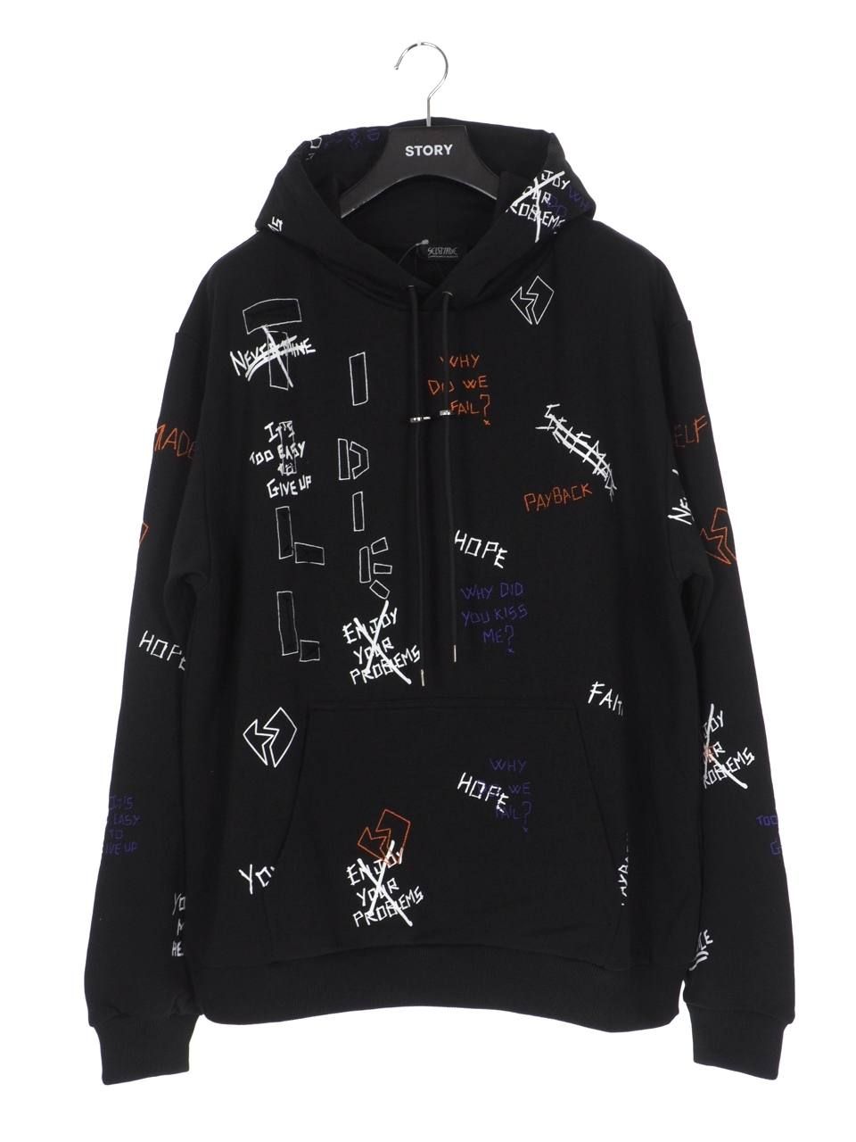 【20AW】総柄 刺繍プリント パーカー / WRITTINGS HOODIE / ブラック