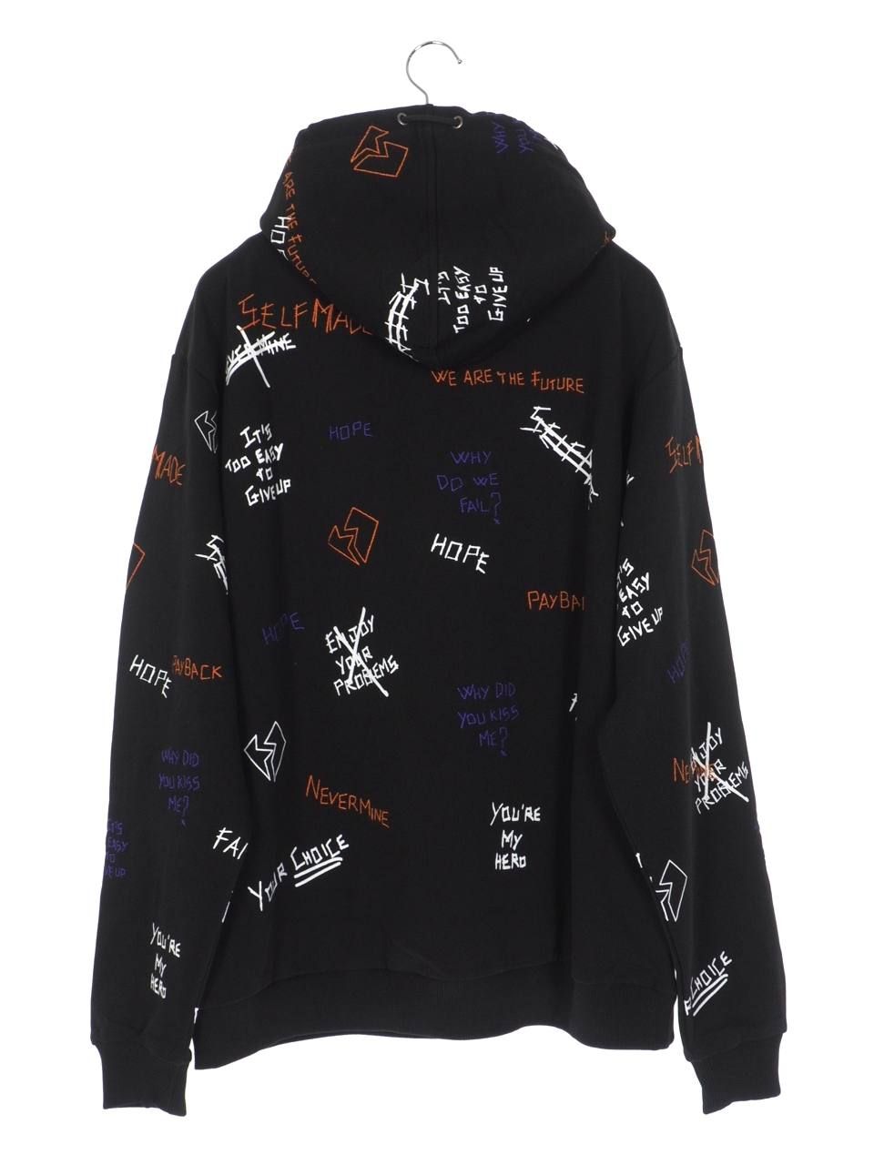 【20AW】総柄 刺繍プリント パーカー / WRITTINGS HOODIE / ブラック