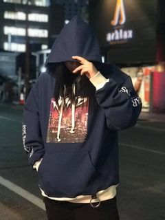 グラフィックプリント プルオーバーパーカー M City Graffiti Mix R Over Size Hoodie BLUE