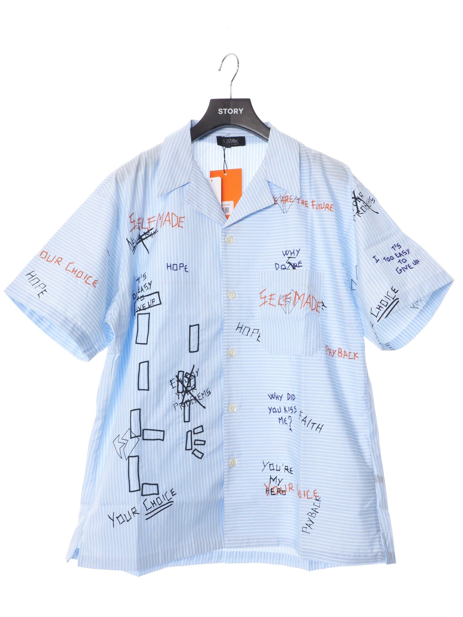 総柄 刺繍プリント ストライプ ボーリングシャツ WRITTINGS POPLINE BOWLING SHIRT BLUE