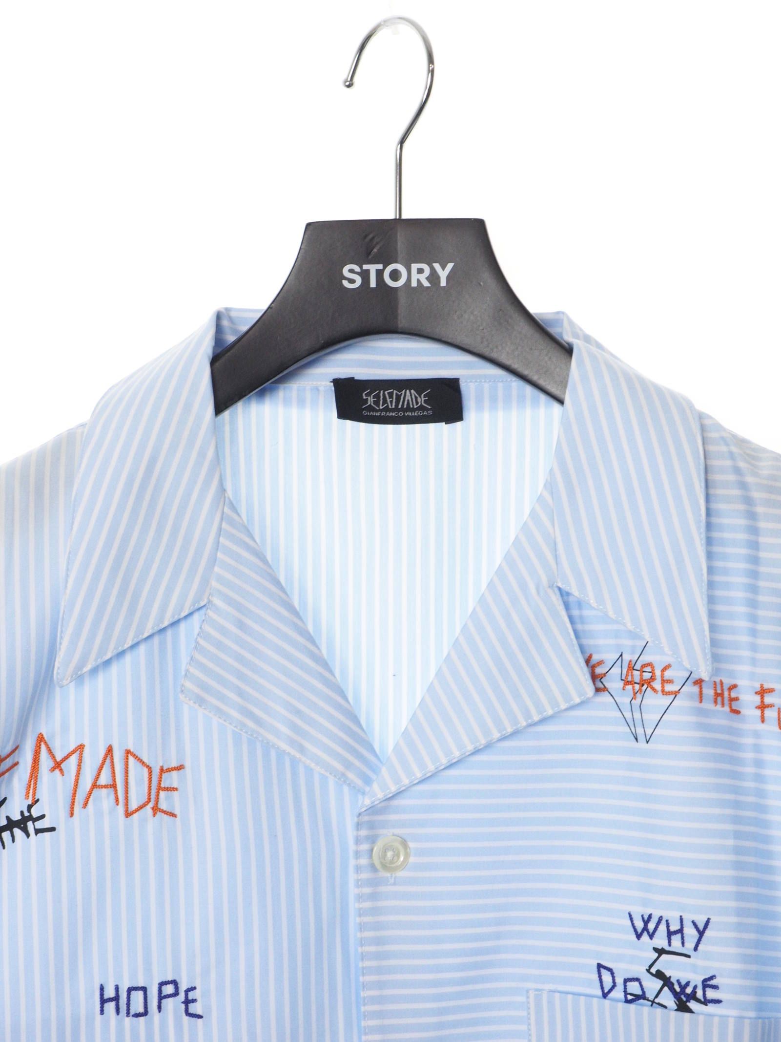 総柄 刺繍プリント ストライプ ボーリングシャツ WRITTINGS POPLINE BOWLING SHIRT BLUE