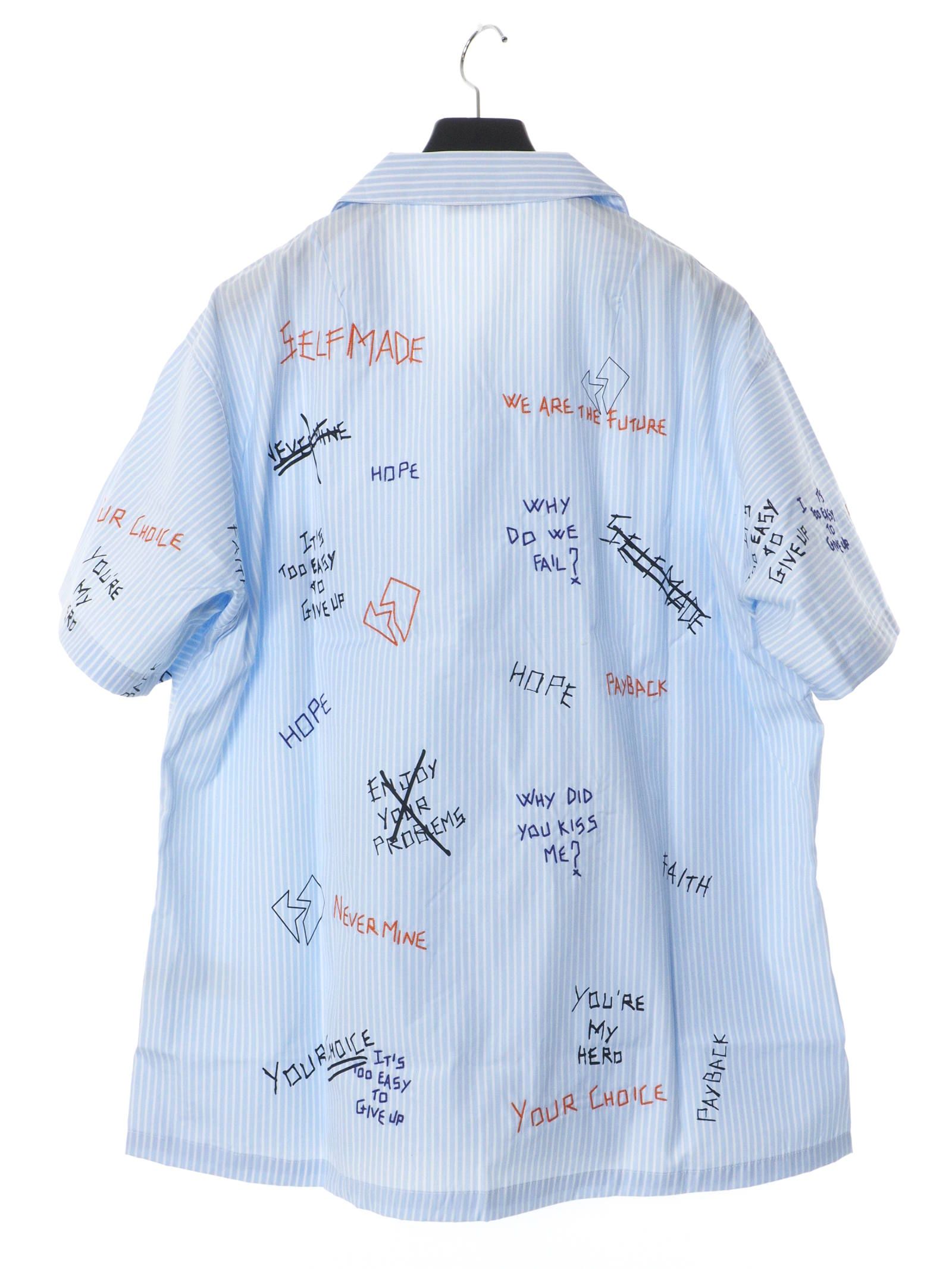 総柄 刺繍プリント ストライプ ボーリングシャツ WRITTINGS POPLINE BOWLING SHIRT BLUE