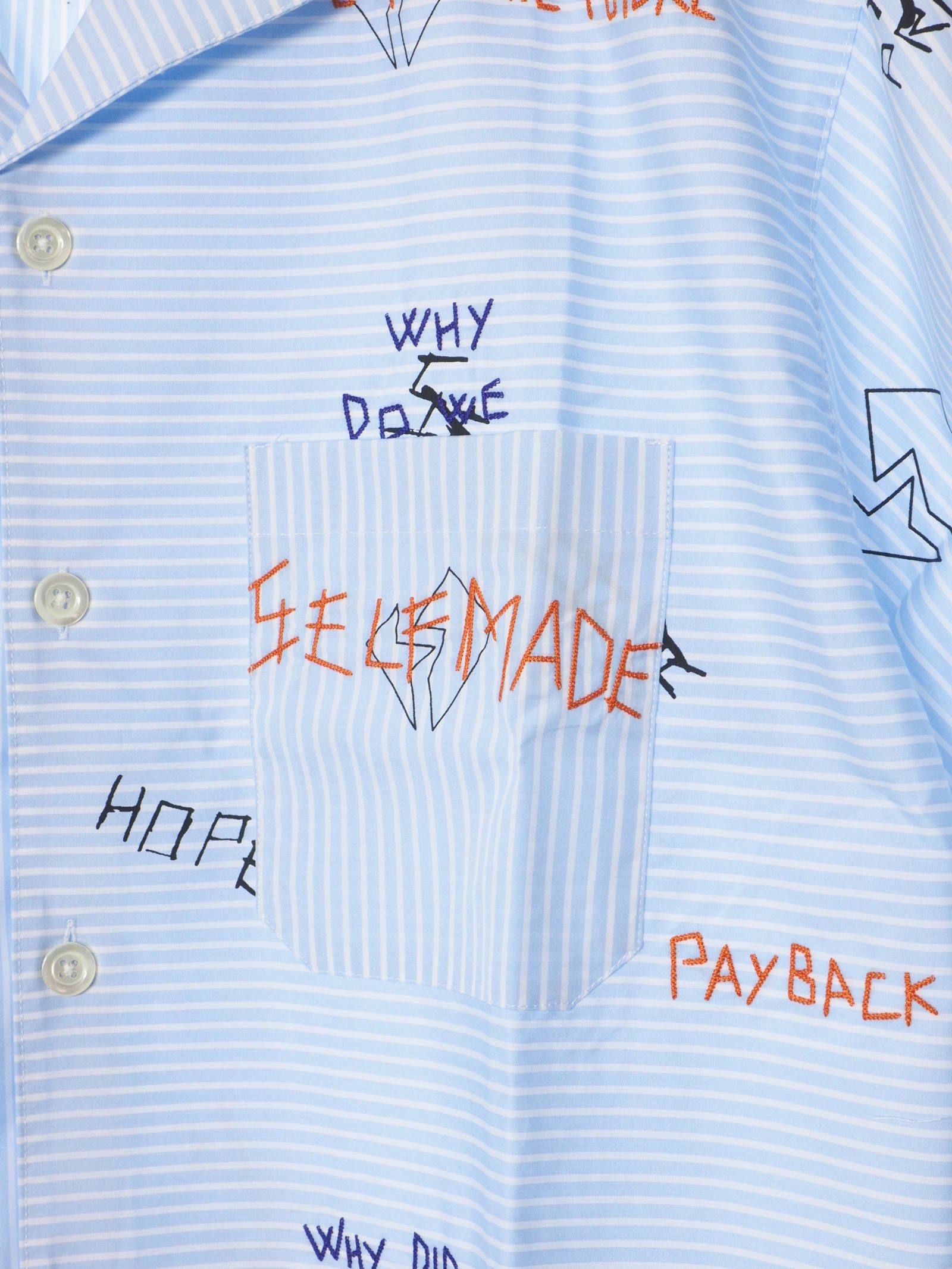 総柄 刺繍プリント ストライプ ボーリングシャツ WRITTINGS POPLINE BOWLING SHIRT BLUE