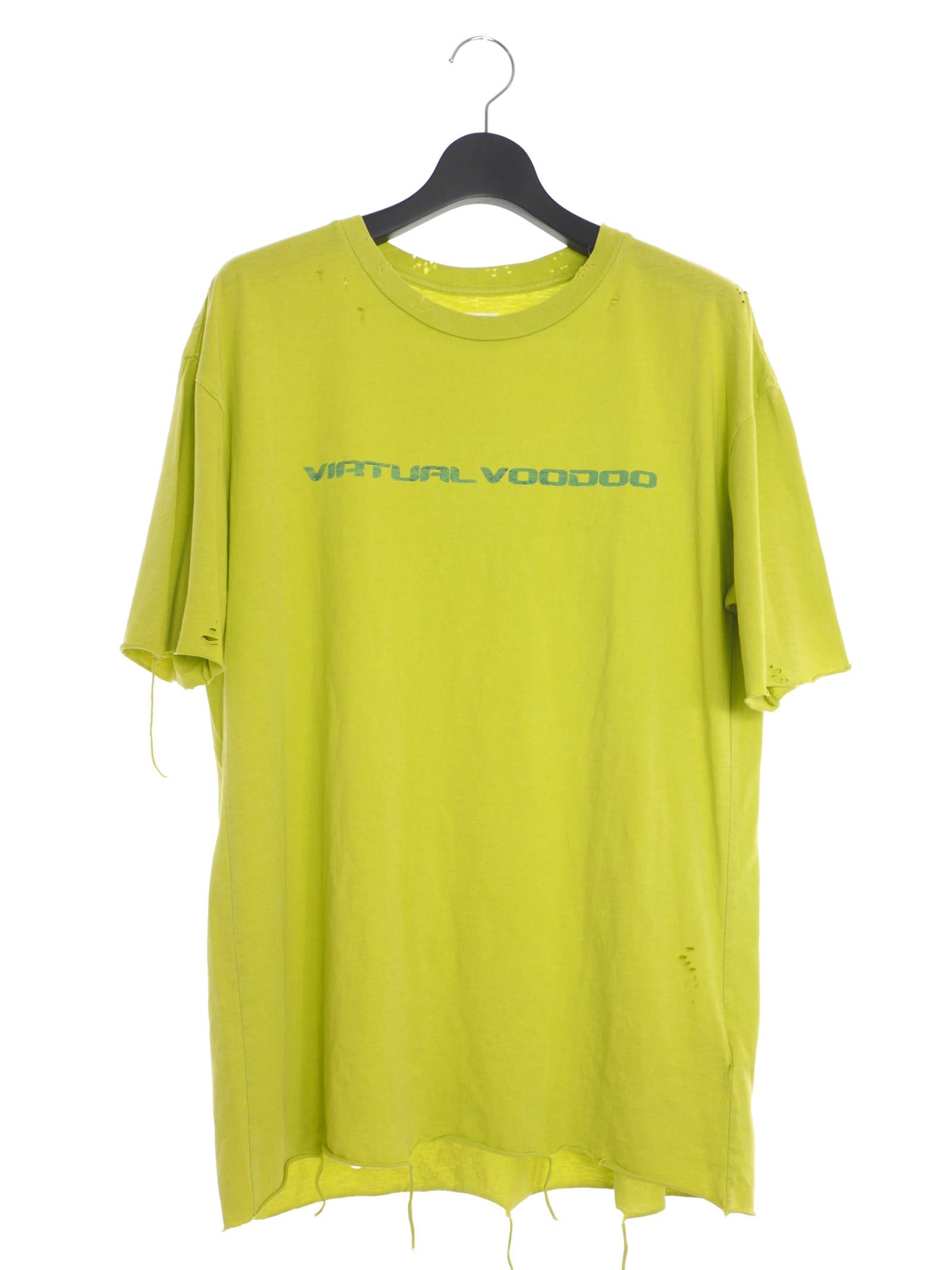 テキストプリント 半袖 Tシャツ カットソー ダメージ加工 VIRTUAL VOODOO SHORT SLEEVE T-SHIRT CHARTREUSE