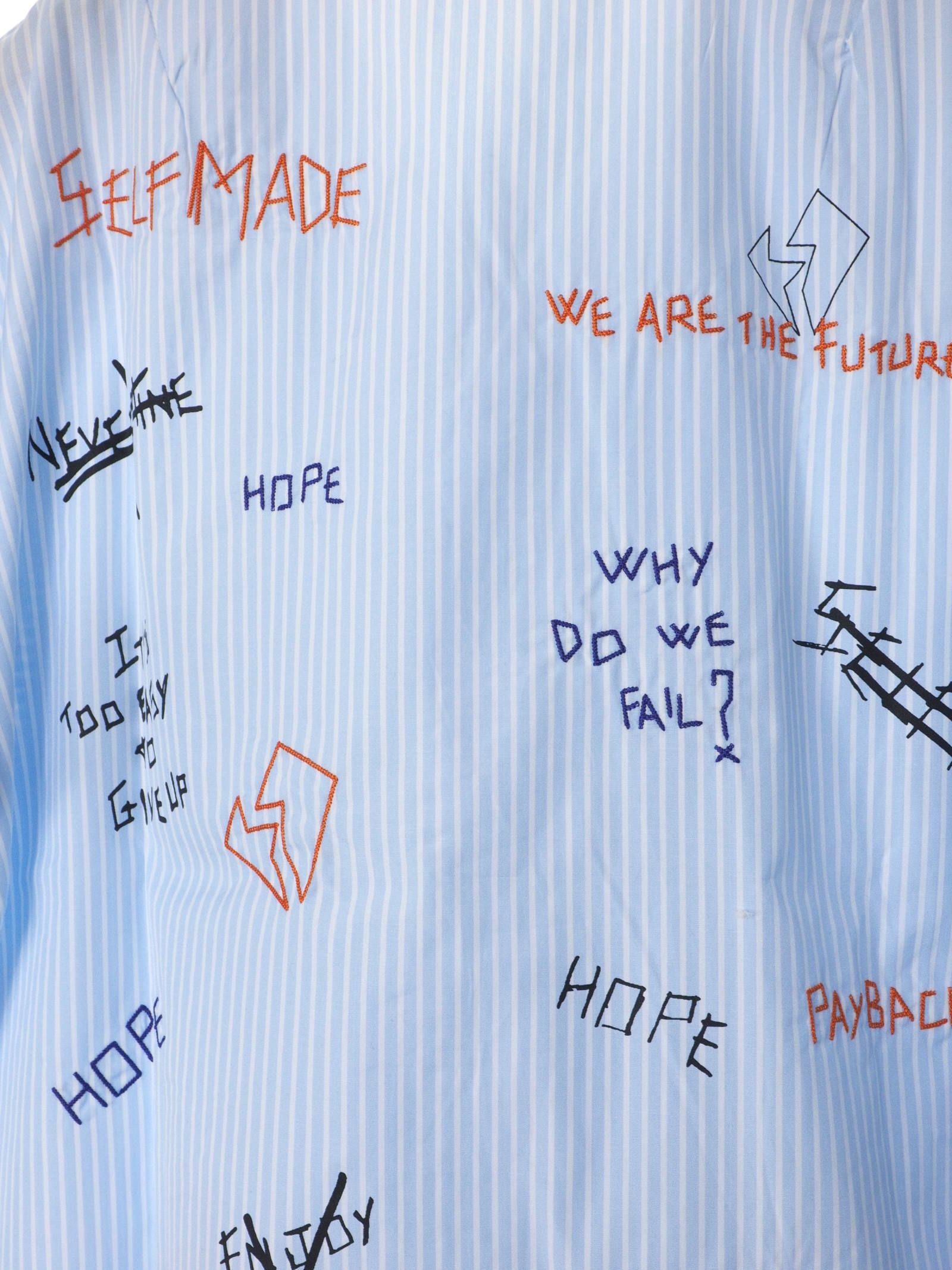 総柄 刺繍プリント ストライプ ボーリングシャツ WRITTINGS POPLINE BOWLING SHIRT BLUE