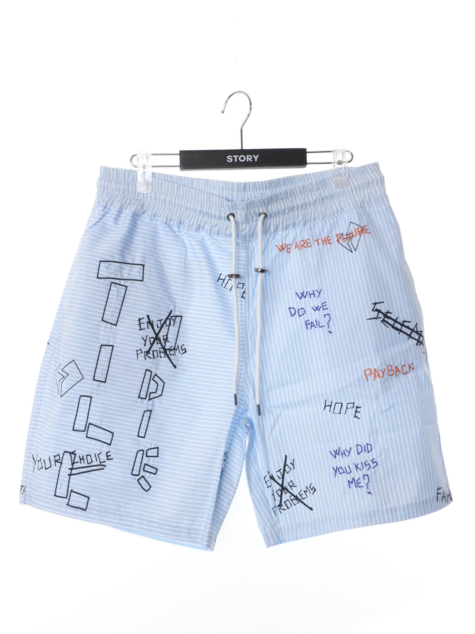 総柄 刺繍プリント ストライプ ショーツ STRIPED WRITTINGS POPLINES SHORTS BLUE