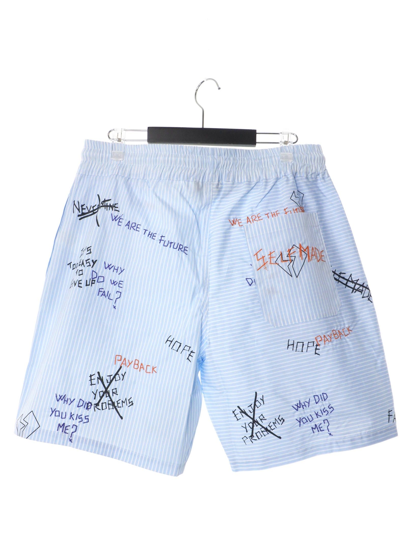 総柄 刺繍プリント ストライプ ショーツ STRIPED WRITTINGS POPLINES SHORTS BLUE