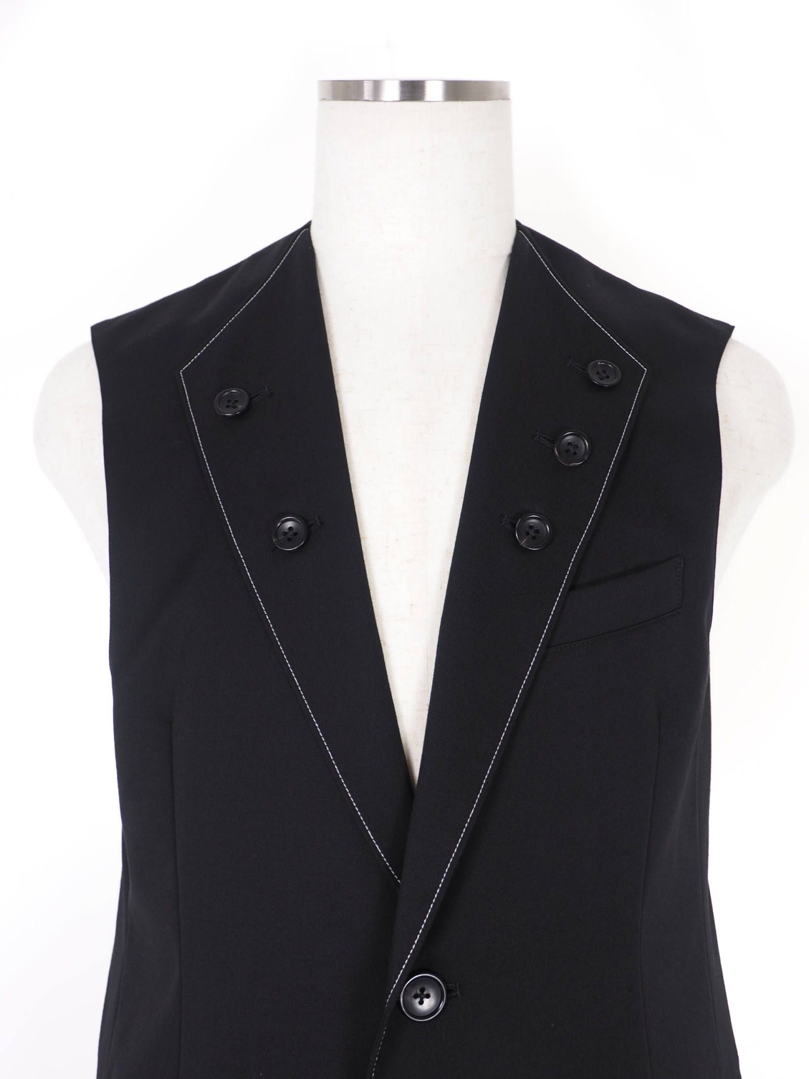 ウールギャバジン 3ピース ベスト / Gabardine 3lapel vest / ブラック × ネイビー