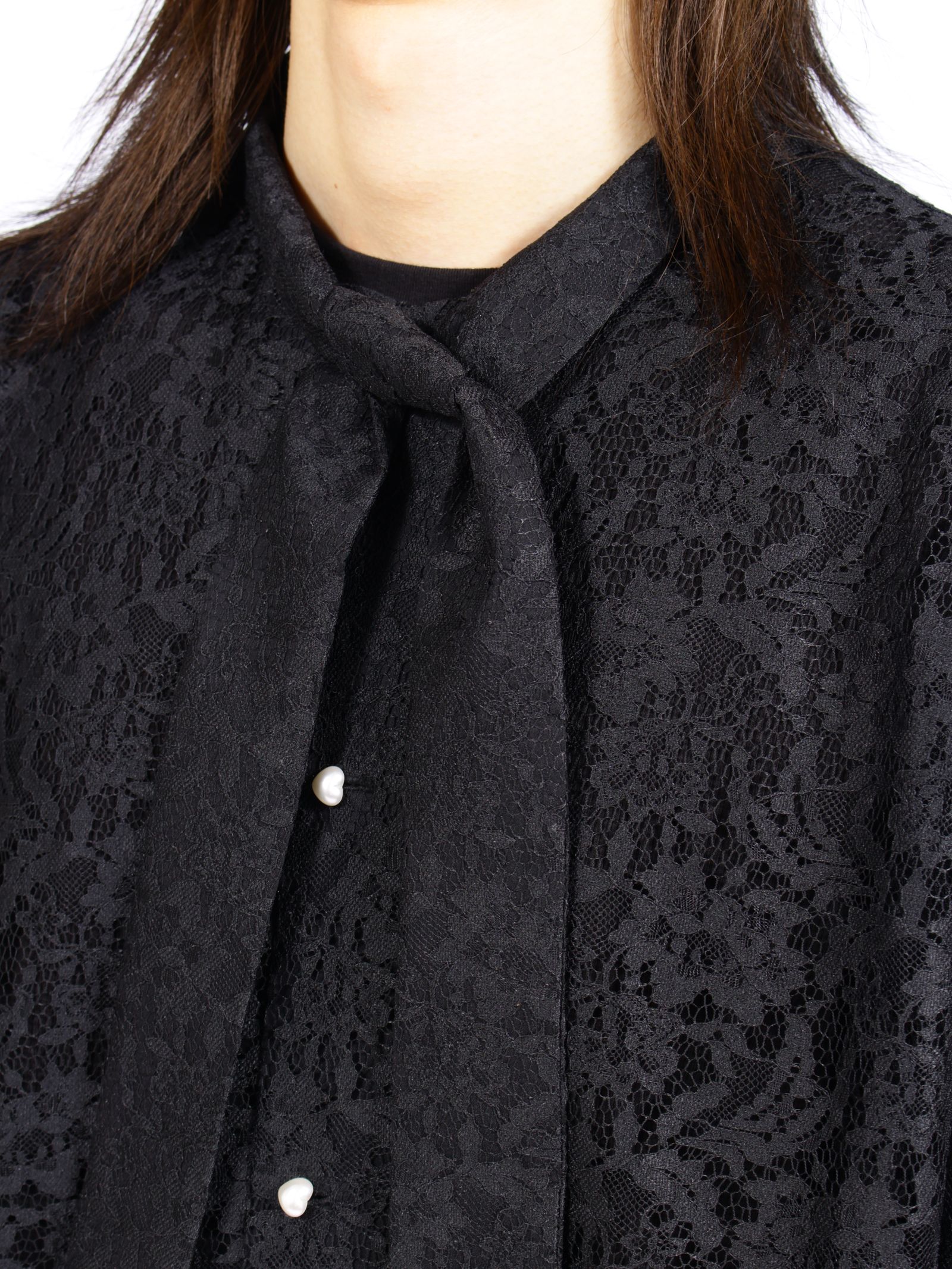 【26AW】フラワーレース ボウタイ シャツ 花柄レース 長袖シャツ / FLOWER LACE BOW TIE SHIRT / ブラック