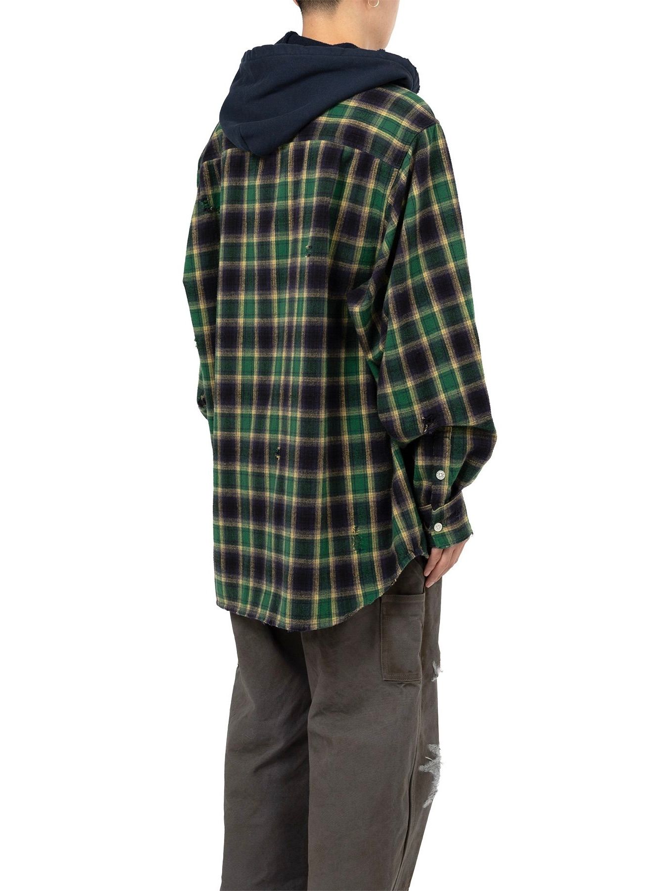 【25AW】ディストレスド フーデッド チェックシャツ / DISTRESSED HOODED CHEAKED SHIRT / グリーン