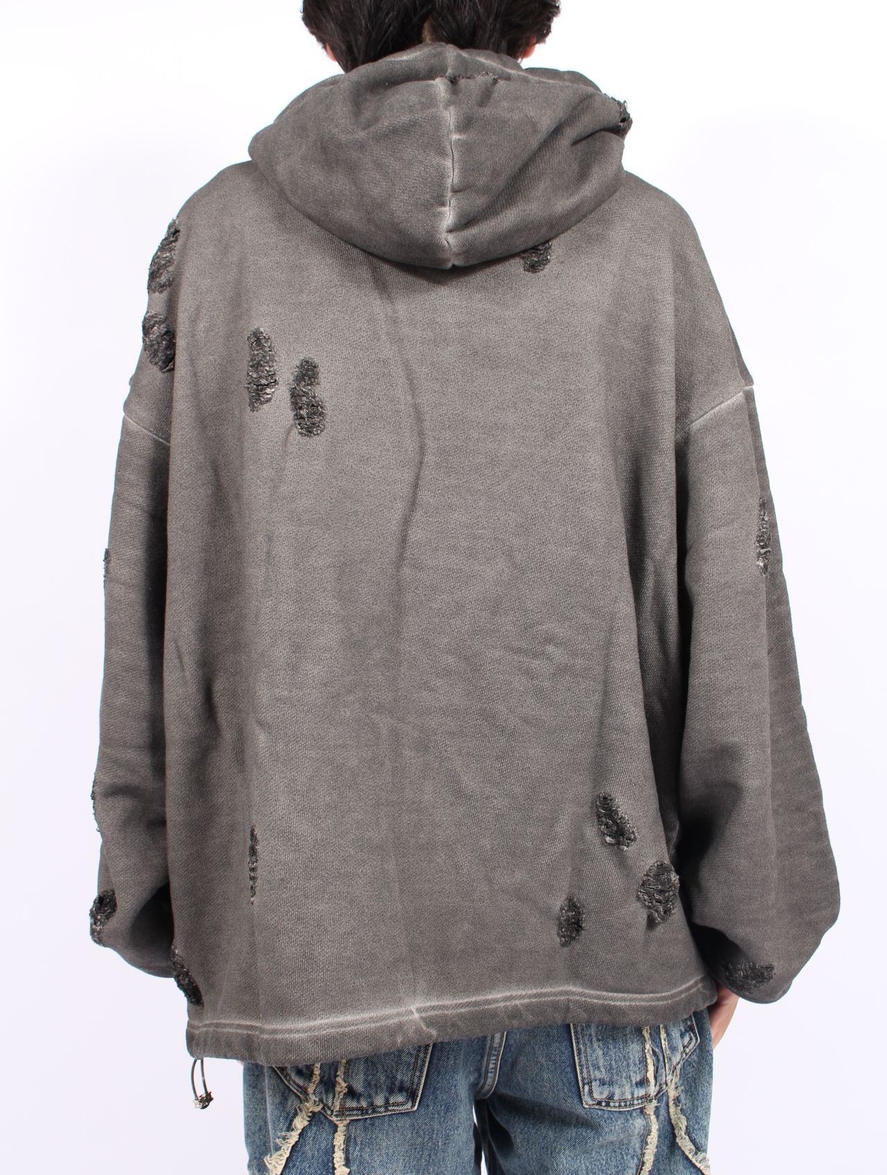 【25AW】ロック フーディー  TCロゴ レザー ダメージ加工 パーカー / ROCK HOODIE / グレー