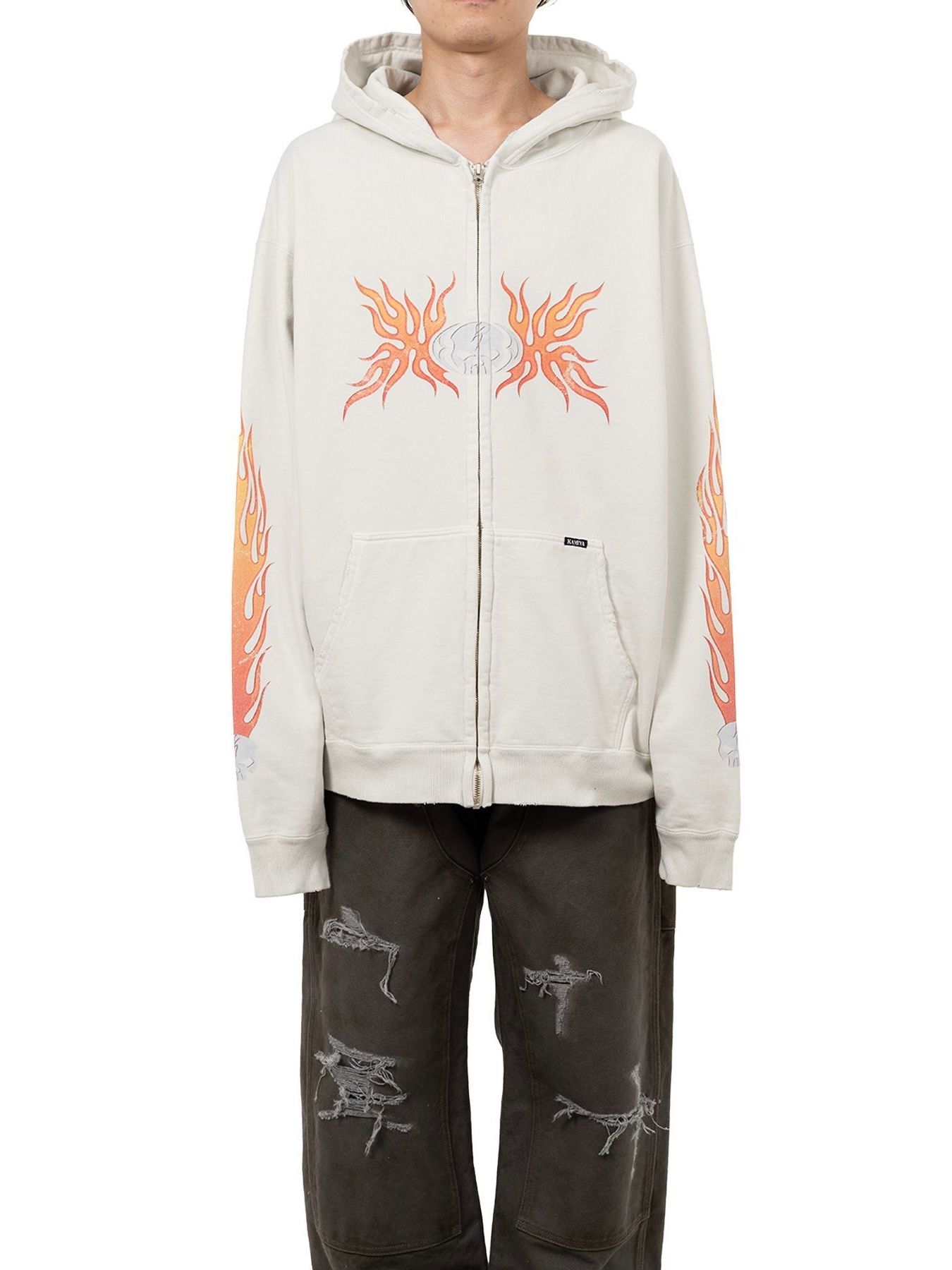 【25AW】スカル フレイム ディストレスド ジップ パーカー / "SKULL FLAME"DISTRESSED ZIP HOODIE / ホワイト