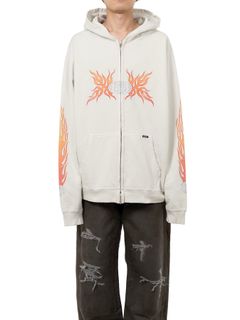 【25AW】スカル フレイム ディストレスド ジップ パーカー / "SKULL FLAME"DISTRESSED ZIP HOODIE / ホワイト