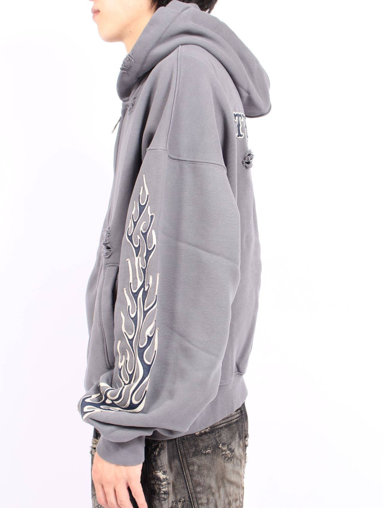 【25AW】レザー フレーム ジップアップ パーカー / LEATHER FLAME HOODED ZIP-UP / グレー