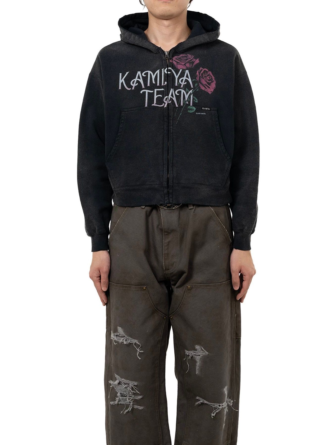 【25AW】ローズ ディストレスド ジップ ショート パーカー / "ROSE"DISTRESSED ZIP SHORT HOODIE / ブラック