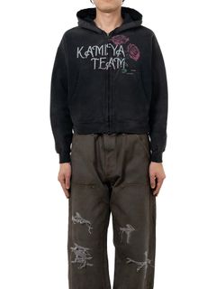 【25AW】ローズ ディストレスド ジップ ショート パーカー / "ROSE"DISTRESSED ZIP SHORT HOODIE / ブラック