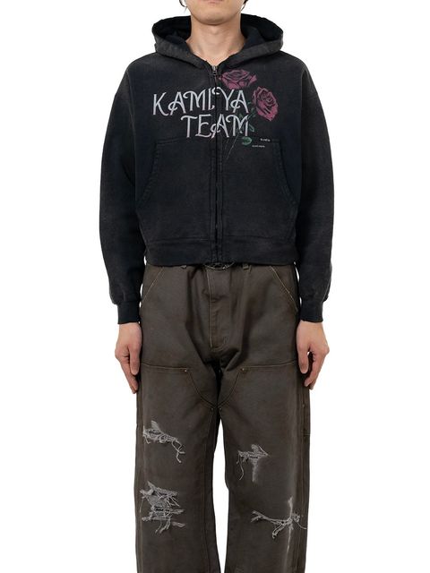 【25AW】ローズ ディストレスド ジップ ショート パーカー / "ROSE"DISTRESSED ZIP SHORT HOODIE / ブラック