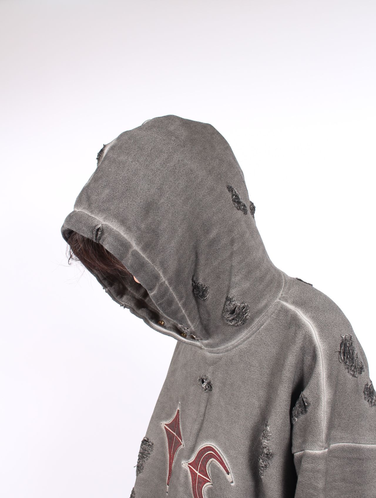 【25AW】ロック フーディー  TCロゴ レザー ダメージ加工 パーカー / ROCK HOODIE / グレー
