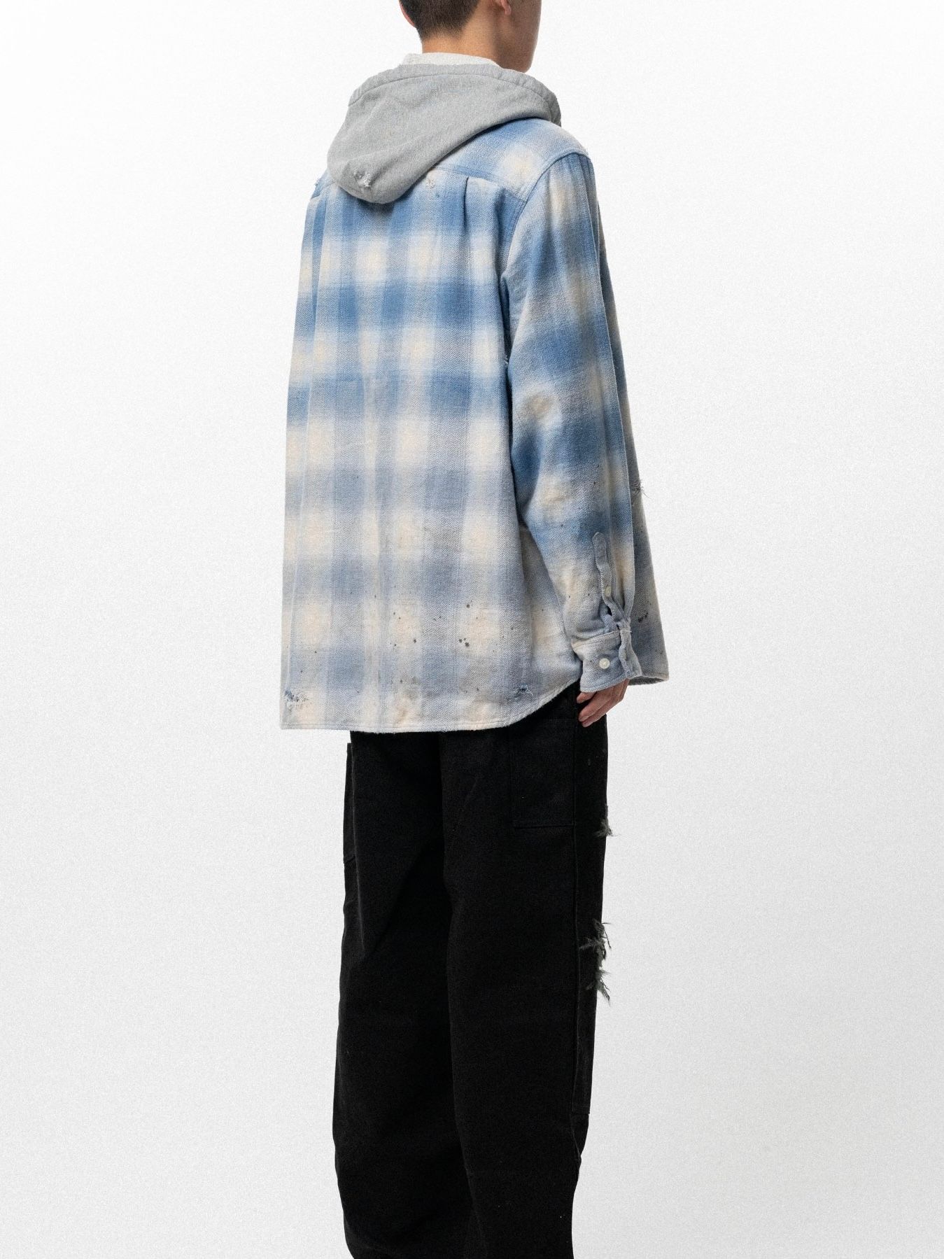 【26SS】ディストレスド フーディッド チェック シャツ / DISTRESSED HOODED CHECKED SHIRT / ブルー