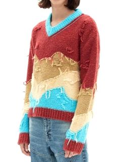 【21AW】マルチカラー フレイ フリンジVネックニット / UNISEX MOUNTAIN INTARSIA V-NECK SWEATER / レッド X マルチカラー