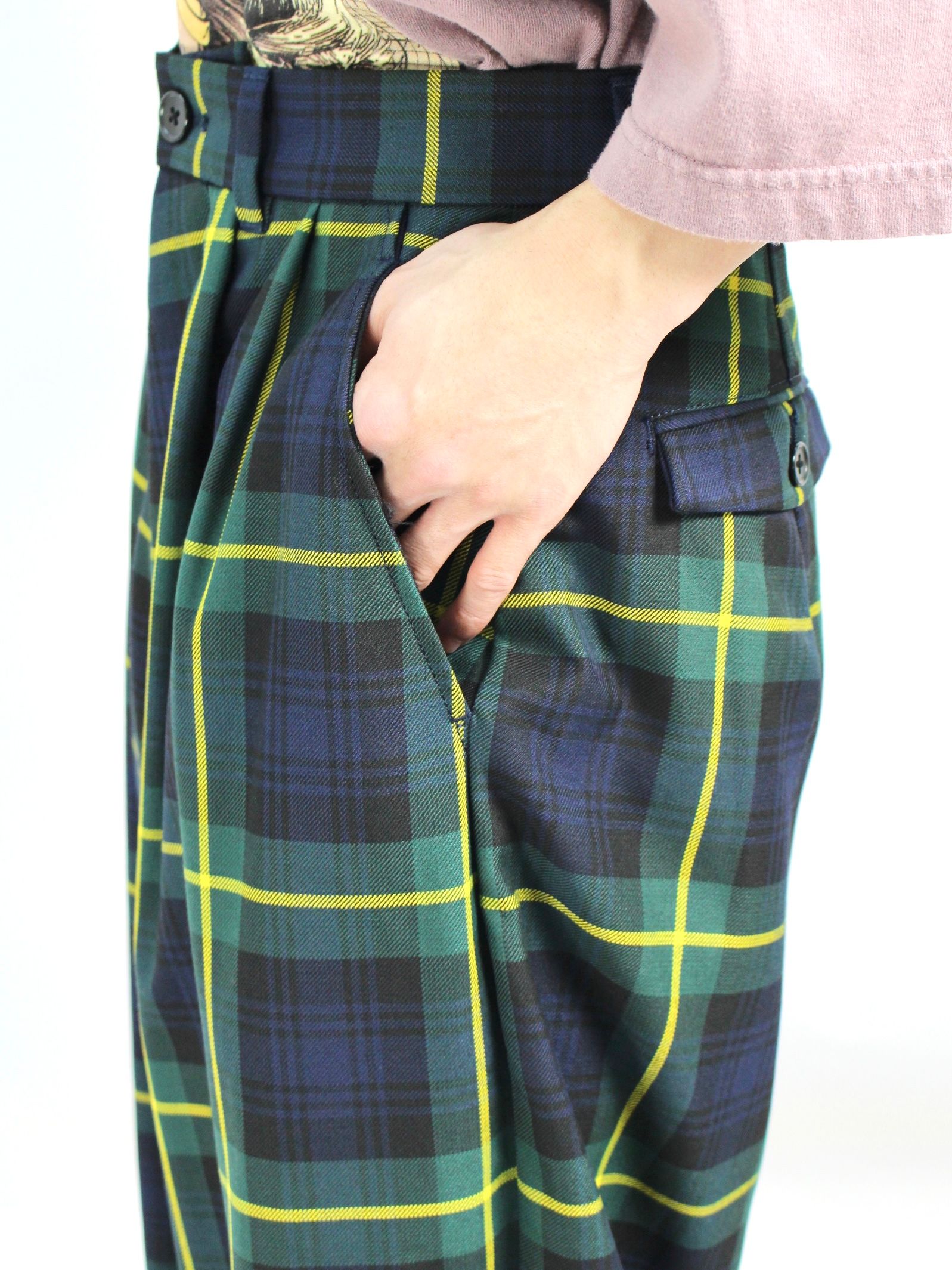 【22SS】2タック チェックワイド パンツ / Two Tuck Wide Pants / グリーン × イエロー - グリーン - 42(S)