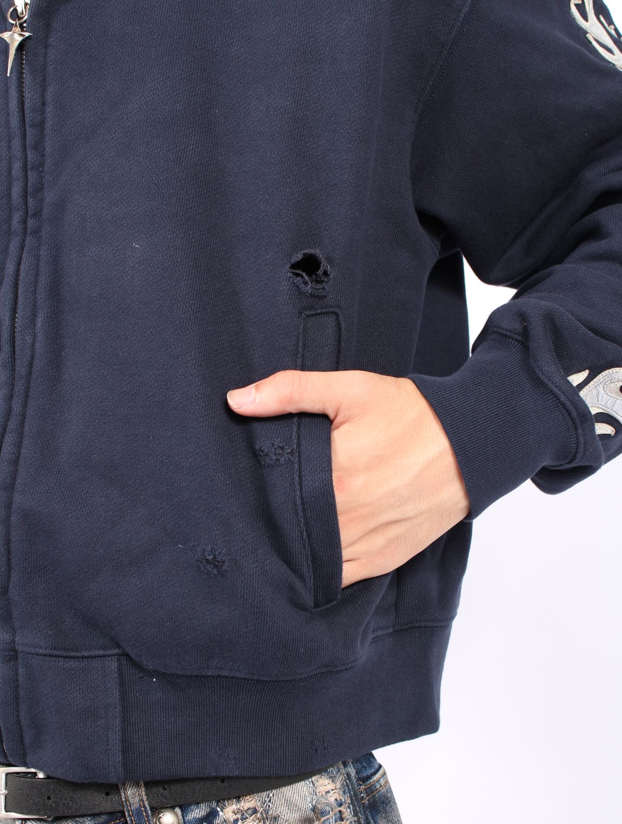 【25AW】レザー フレーム クロップド ジップアップ パーカー / LEATHER FLAME CROPPED HOODED ZIP-UP / ネイビー