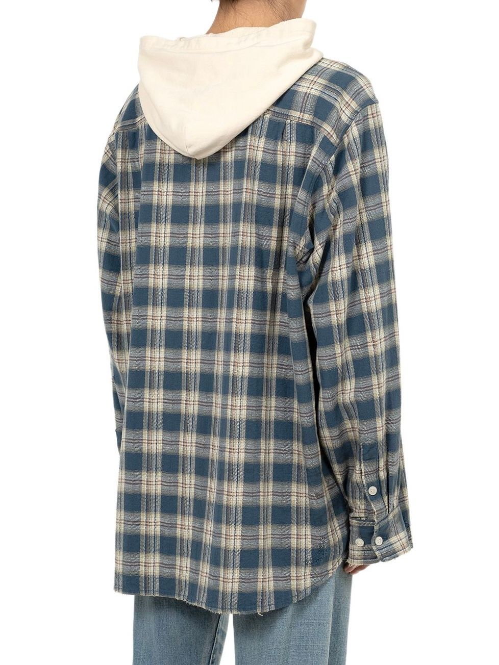 【25SS】ディストレスト チェック シャツフーディー パーカー / DISTRESSED CHECK SHIRT HOODIE / ブルー