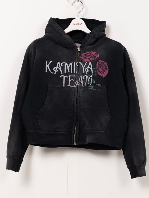 【25AW】ローズ ディストレスド ジップ ショート パーカー / "ROSE"DISTRESSED ZIP SHORT HOODIE / ブラック
