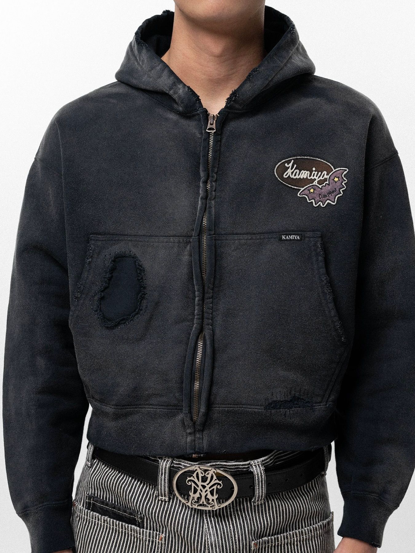 【26SS】リペアド ネイム パッチ ジップ ショート フーディー / REPAIRED NAME PATCH ZIP SHORT HOODIE / ブラック