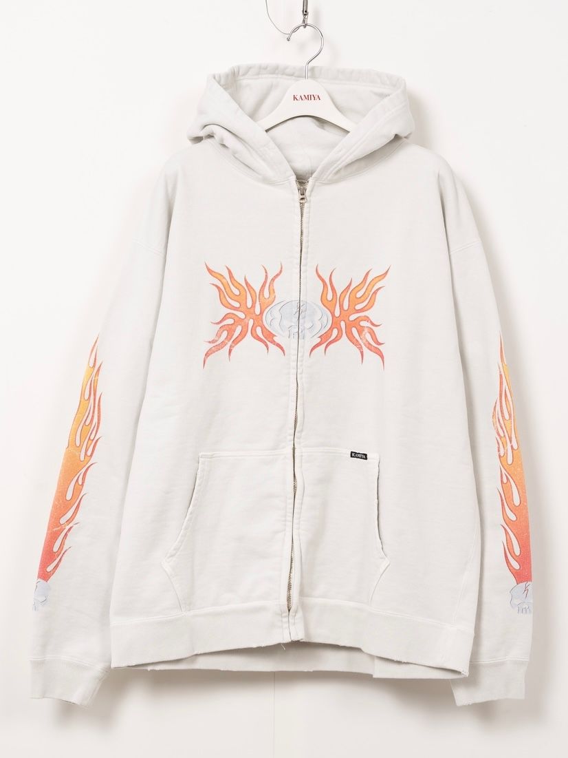 【25AW】スカル フレイム ディストレスド ジップ パーカー / "SKULL FLAME"DISTRESSED ZIP HOODIE / ホワイト