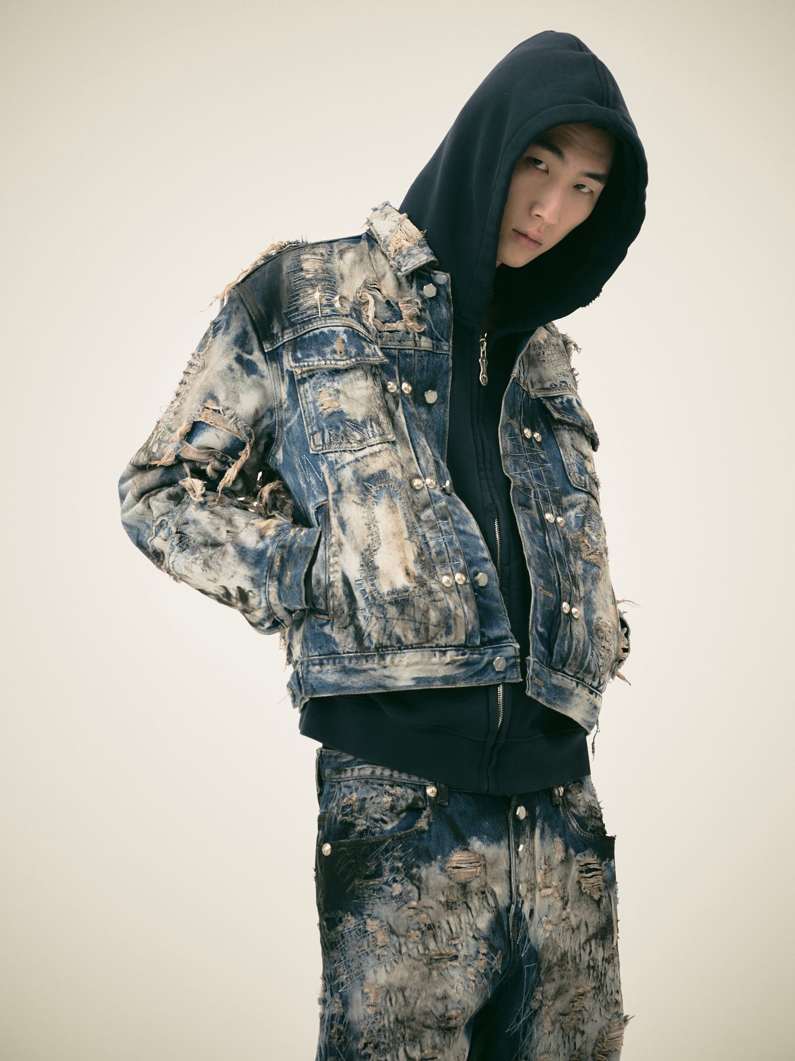 【25AW】ハードウォッシュド ダメージ デニム ジャケット / HARD-WASHED DAMAGED DENIM JACKET / ブルー
