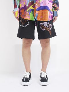 刺繍ロゴ ハーフパンツ / SHORT PANTS EMBROIEDE / ブラック × マルチ