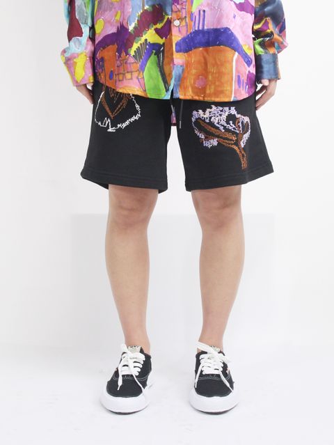 刺繍ロゴ ハーフパンツ / SHORT PANTS EMBROIEDE / ブラック × マルチ