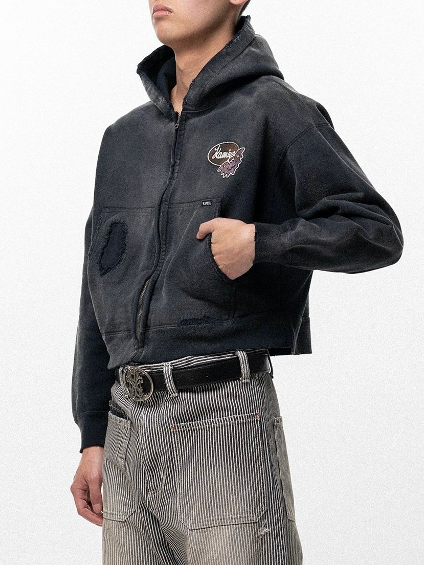 【26SS】リペアド ネイム パッチ ジップ ショート フーディー / REPAIRED NAME PATCH ZIP SHORT HOODIE / ブラック