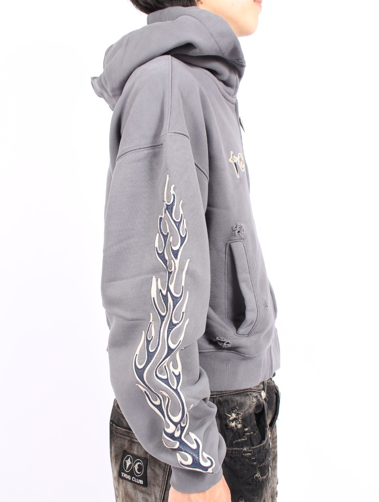 【25AW】 レザー フレーム クロップド ジップアップ パーカー / LEATHER FLAME CROPPED HOODED ZIP-UP / グレー