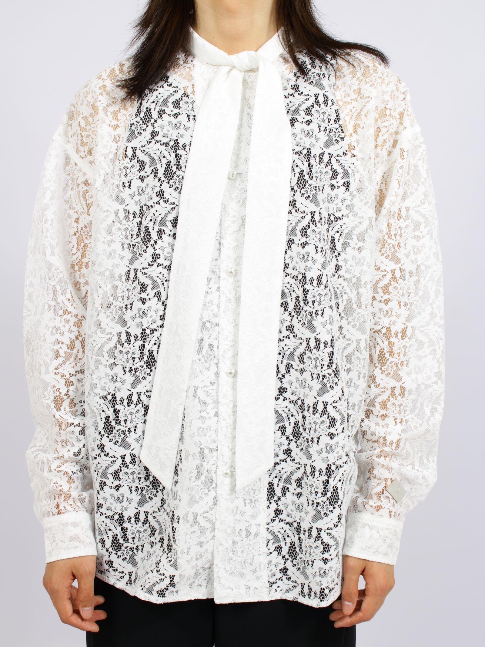 【26AW】フラワーレース ボウタイ シャツ 花柄レース 長袖シャツ / FLOWER LACE BOW TIE SHIRT / ホワイト