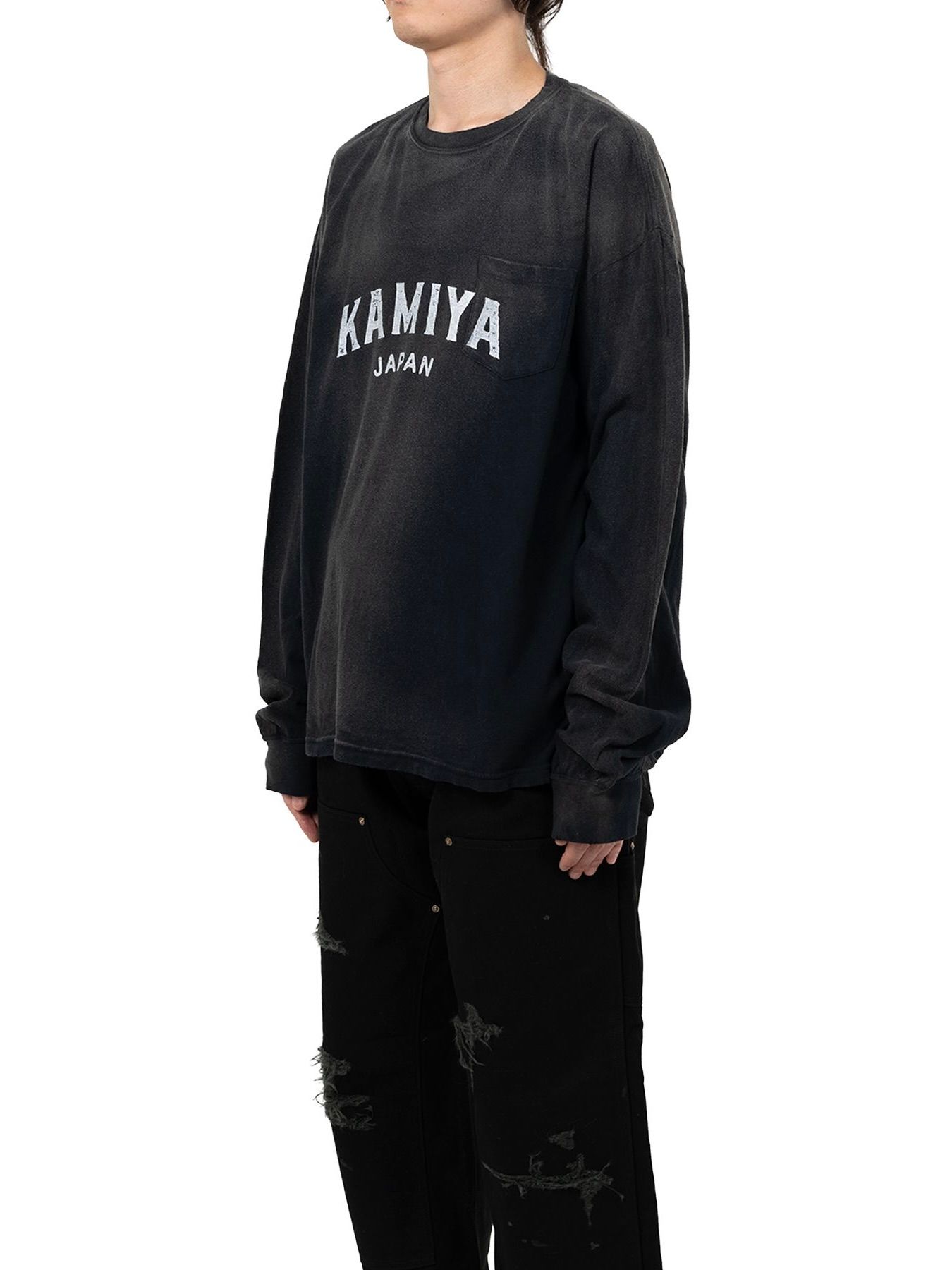 【25AW】カミヤ ロゴ ディストレスド ロング ポケット Tシャツ / "KAMIYA LOGO"DISTRESSED L/S POCKET TEE / ブラック