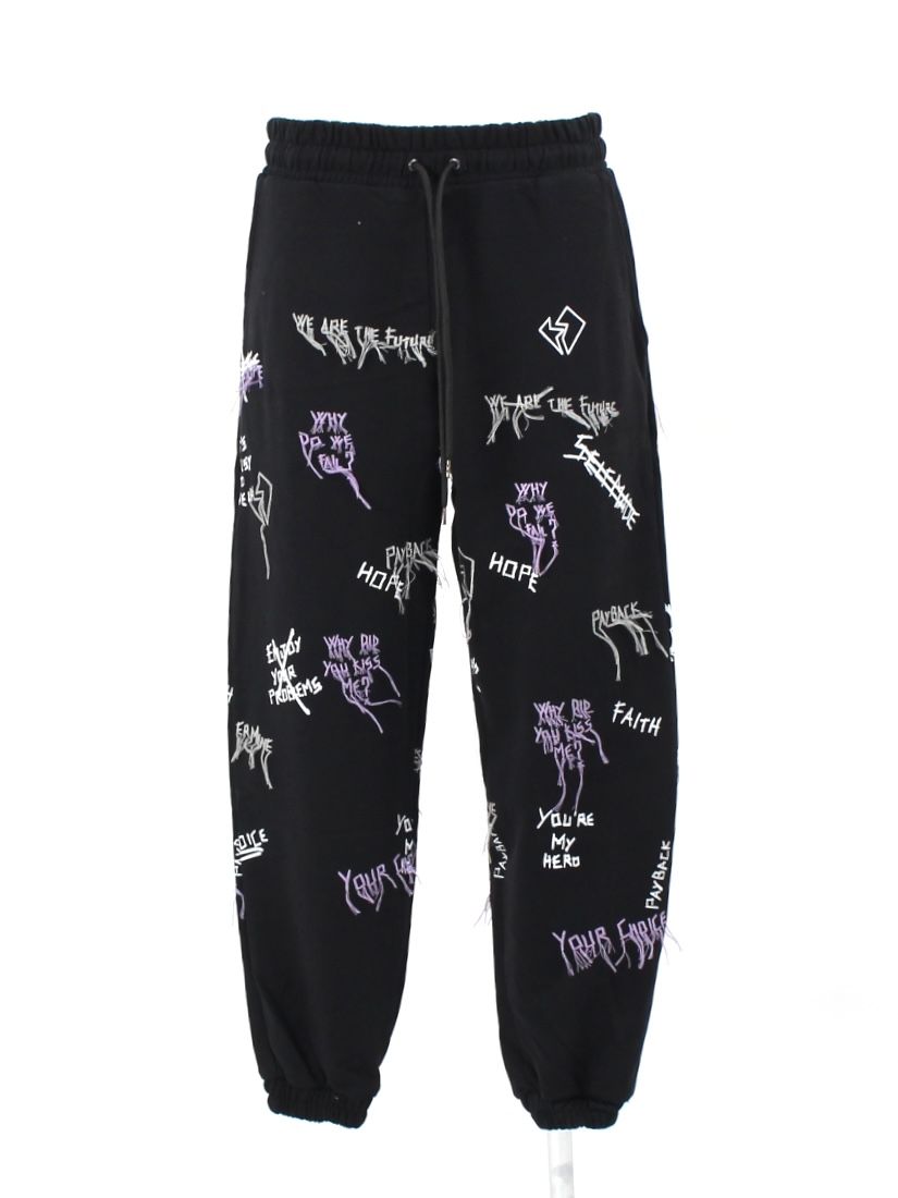 【21AW】総柄 刺繡プリントスウェットパンツ / NEW MANIFESTO JOGGER PANTS / ブラック × マルチ