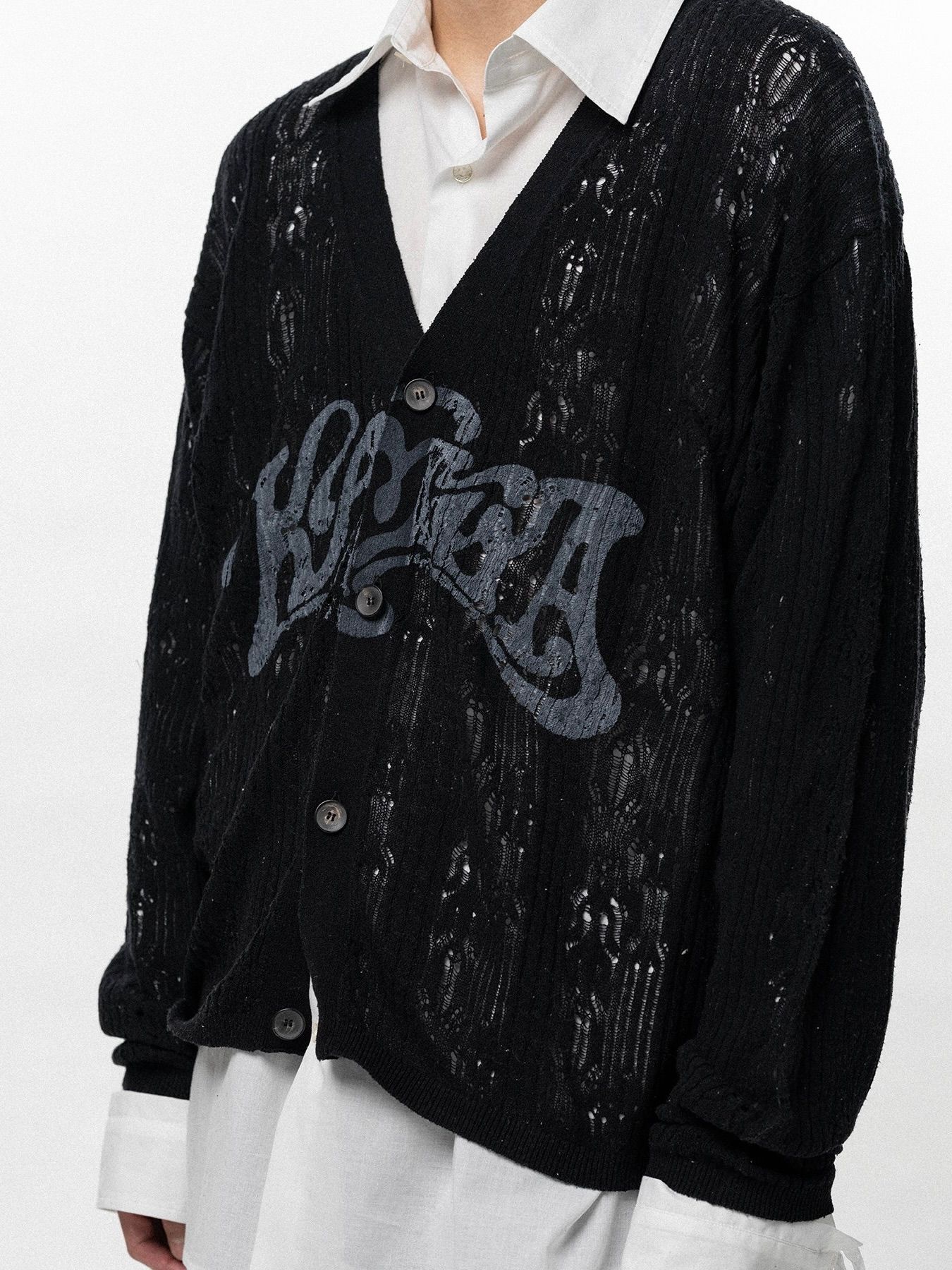 【26SS】ウェービー カミヤ プリンテッド シルクレース ニット カーディガン / "WAVY KAMIYA" PRINTED SILK LACE KNIT CARDIGAN / ブラック