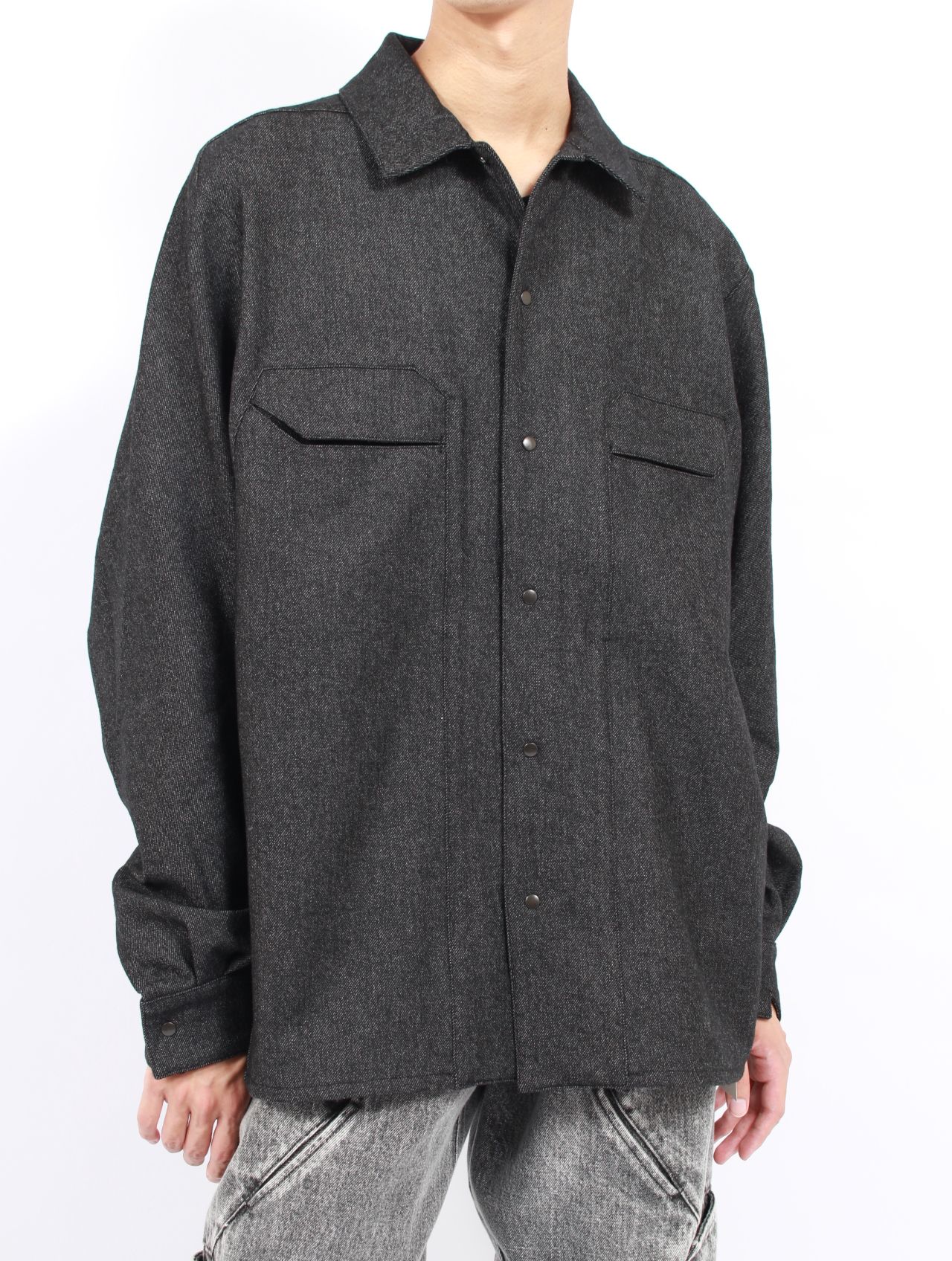 【25AW】ウール カシミヤ パネル 尾州産 ウール 長袖 シャツ  / PANEL SHIRTS WOOLS WOOL / ブラック