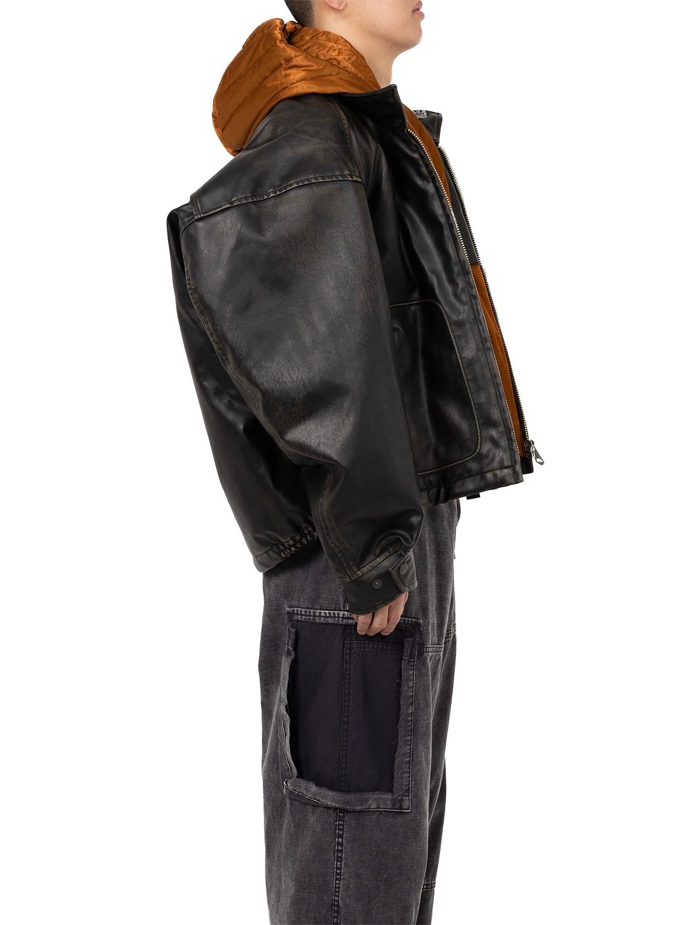 【25AW】エクステンデッド プラケット フード コーテッド レザー ジャケット / LEATHER JACKET / ブラック