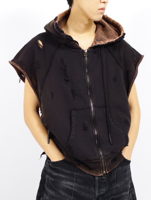 【25SS】ダメージ加工 スリーブレス パーカー / DAMAGED SLEEVELESS PARKA.13 / ラスティーブラック