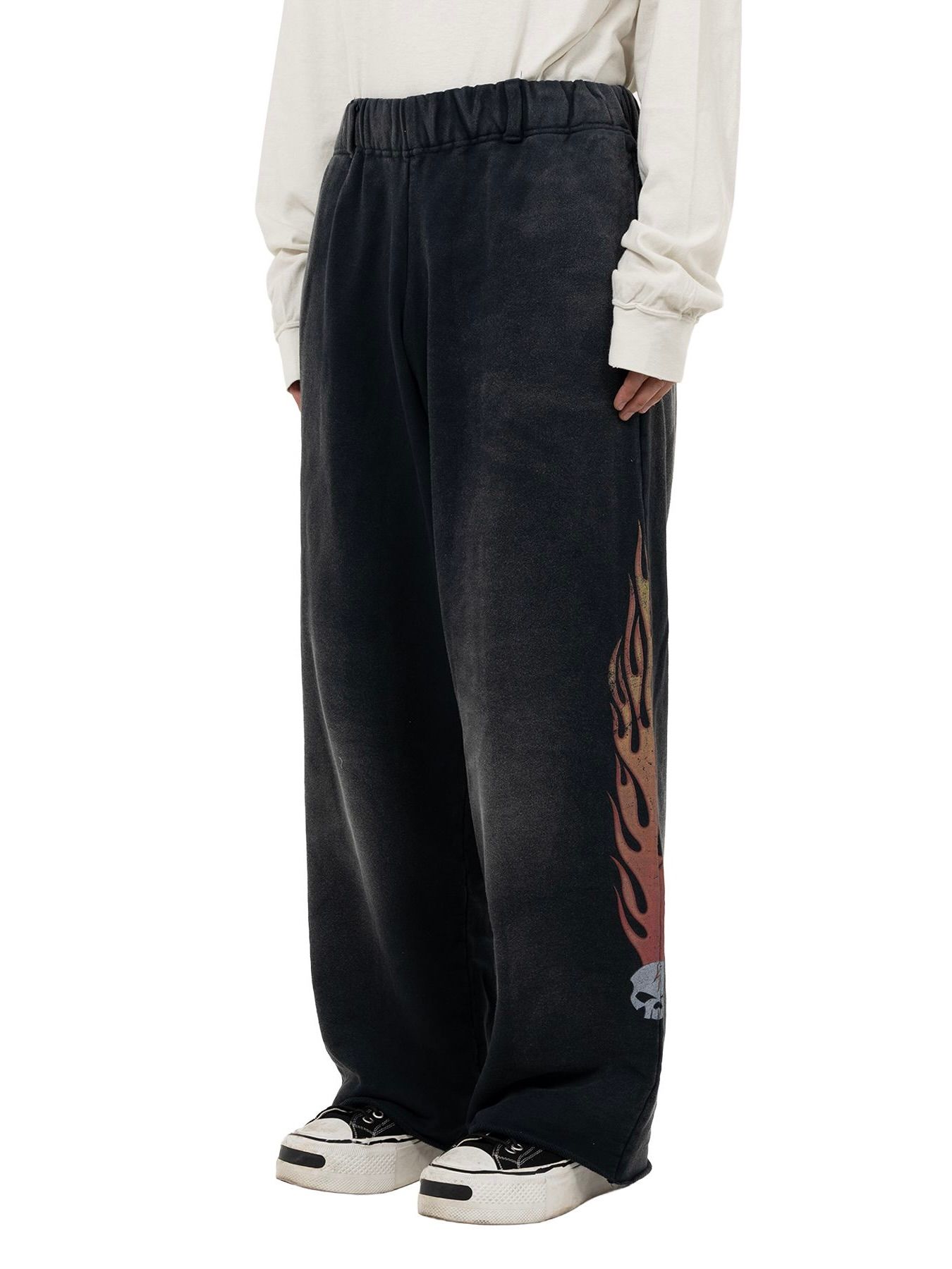 【25AW】スカル フレイム ディストレスド スウェット パンツ / "SKULL FLAME" DISTRESSED SWEAT PANTS / ブラック