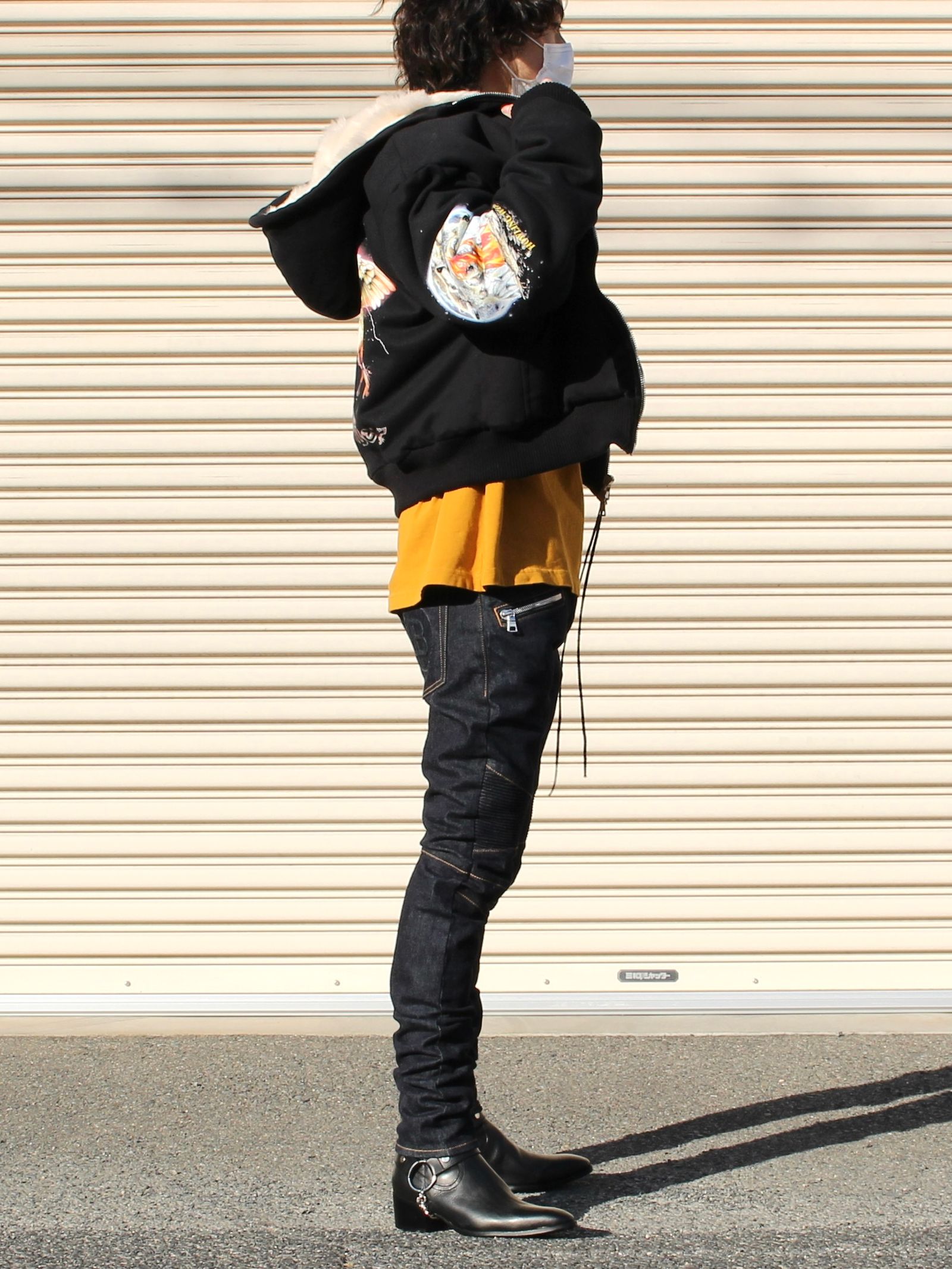 ベロア切替 ファーライナー グラフィックボンバージャケット - FUR LINED BOMBER  - BLACK